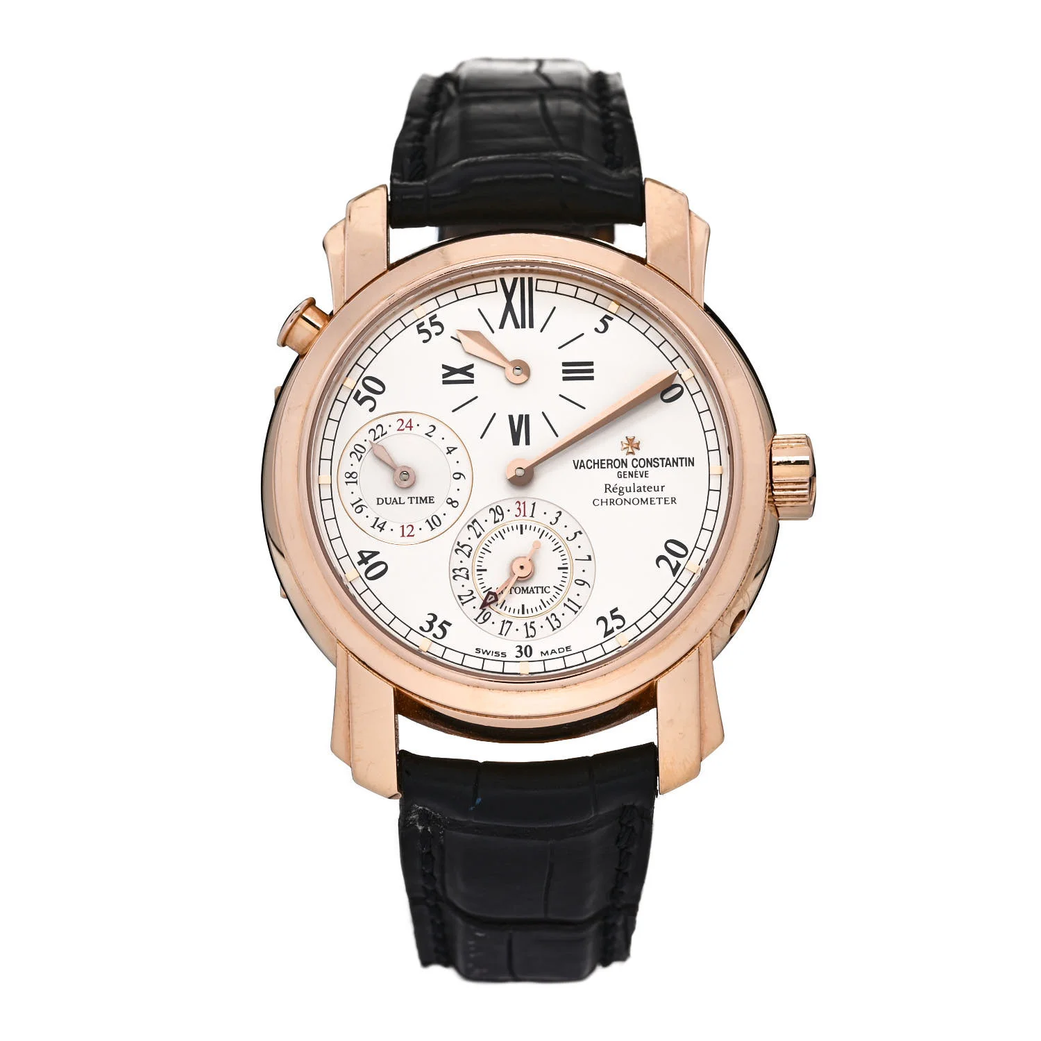 Vacheron Constantin 18K Rose Gold Alligator 39mm Malte Dual Time Automatic Watch