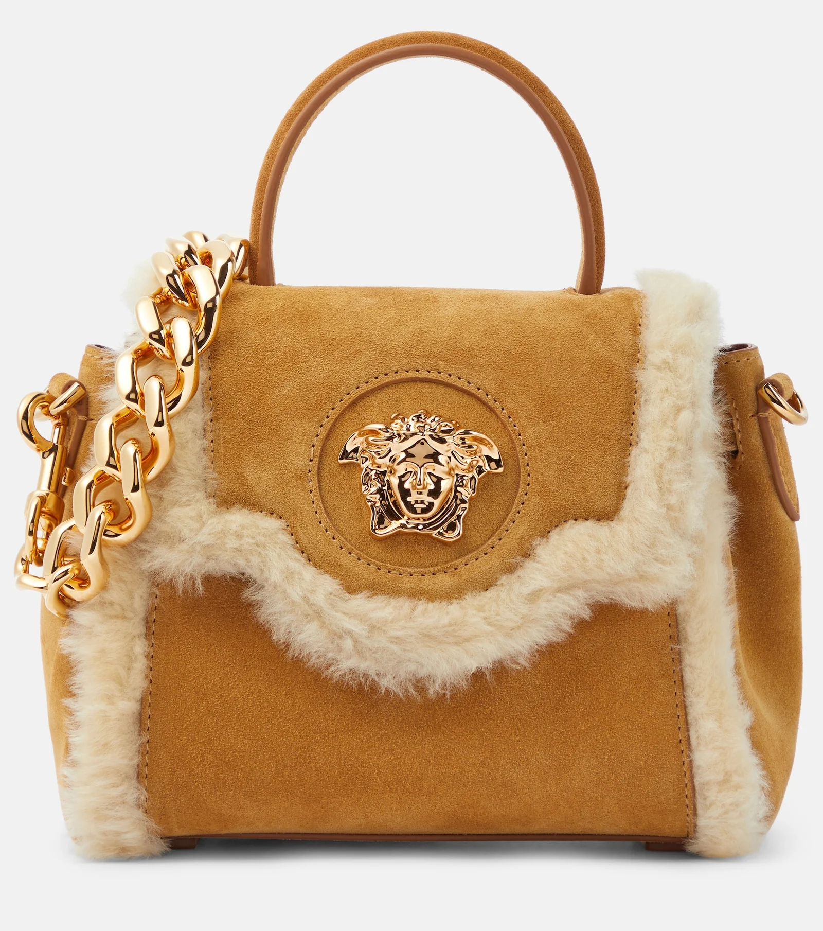 Versace La Medusa Shearling Trimmed Suede Tote