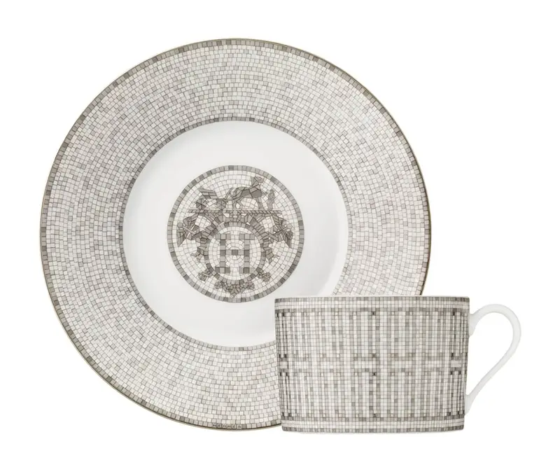 Hermes Mosaique Au 24 Platinum Coffee Cup and Saucer Set