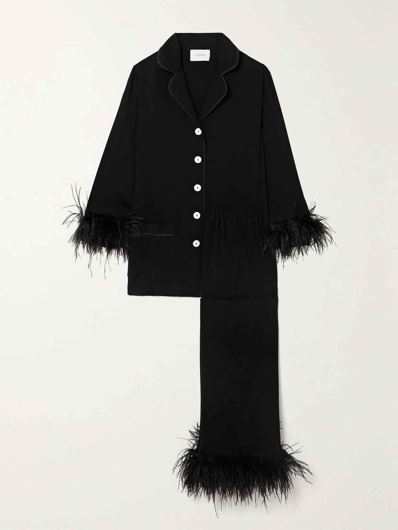 Sleeper feather-trimmed Crepe de Chine Pajama Set