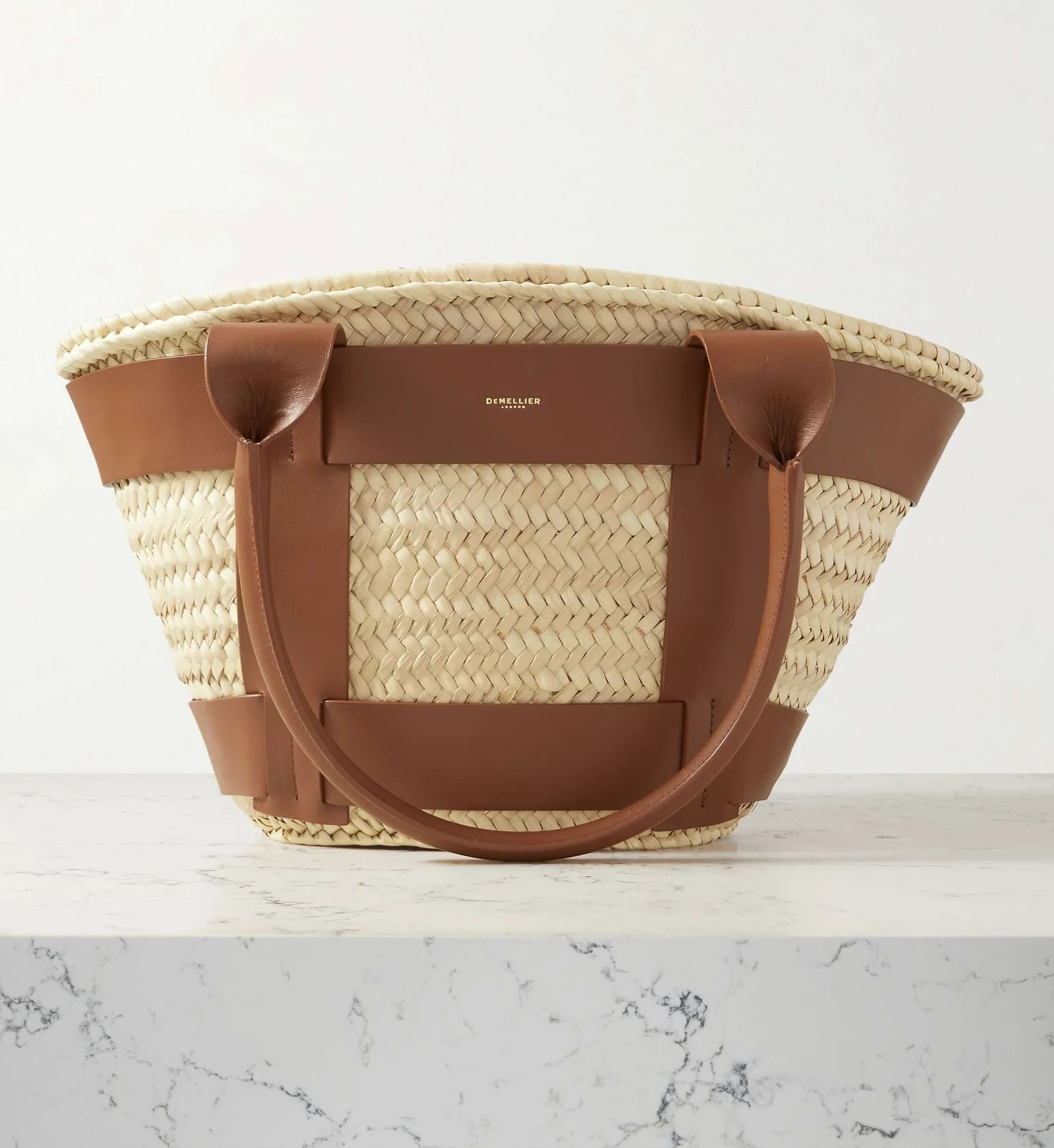 The Demellier “Santorini” Leather-trimmed Raffia Tote